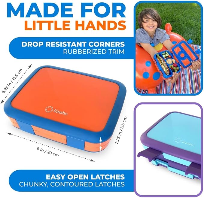 kinsho Bento Lunch Box, Boxes for Kids Toddlers Boys Girls, 4 Portion Divided Sections Secure Lid, BPA Free Removable Tray, Pre-School Kid Daycare Lunches Snack Container, Blue Purple Aqua 2 Pack Set