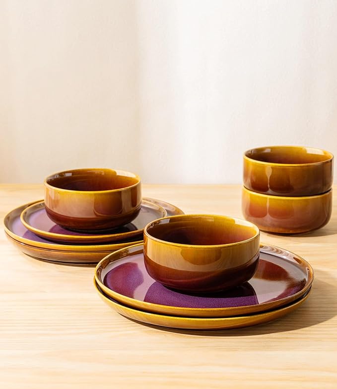 Ceramic Dinnerware Set for 6, 18-Piece Plates and Bowls Set | Handmade Reactive Glaze Dish Set, Scratch Resistant, Oven & Microwave & Dishwasher Safe, Amber Amethyst