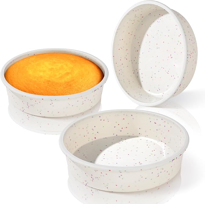 Vinino 8 Inch Round Cake Pan Set, 3 Pack Silicone Mold with Steel Frame | Great for Making Multiple Cakes, Cheesecake, Sponge Cake & Desserts, Reusable Bakeware Design