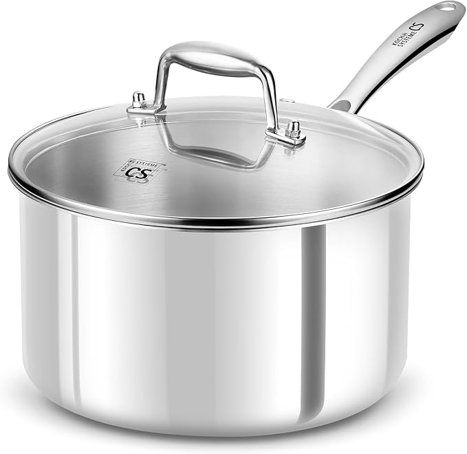 KOCH SYSTEME CS 4 Quart Stainless Steel Saucepan with Lid, Tri-Ply Stainless Steel Pot 4QT, Large Cooking Pot, Sauce Pan with Stay Cool Handle, Induction Compatible Pot, Oven Safe 600°F