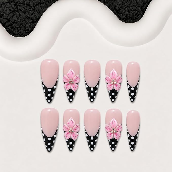 Handmade Press on Nails White Polka Dot Fake Nails Designs Long Stiletto Stick on Nail Full Cover Flower False Nails Hand Made Luxury Thicked Muti-Layer Gel Acrylic Nail for Women (S)