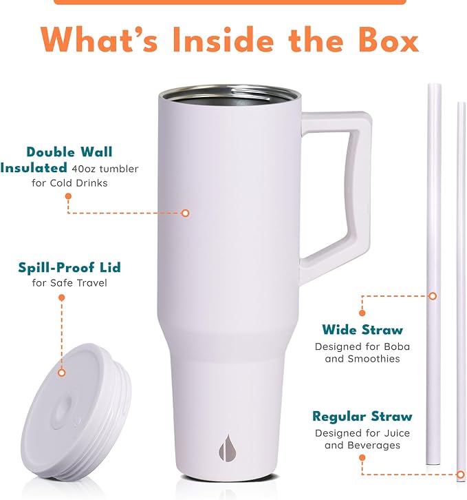 Elemental Spill Proof 40oz Insulated Tumbler with Handle & Straw Travel Mug | Stainless Steel Commuter Travel Coffee Mug for Cold Beverages, Includes 2 Straws & a Spill Proof Lid for Everyday Use