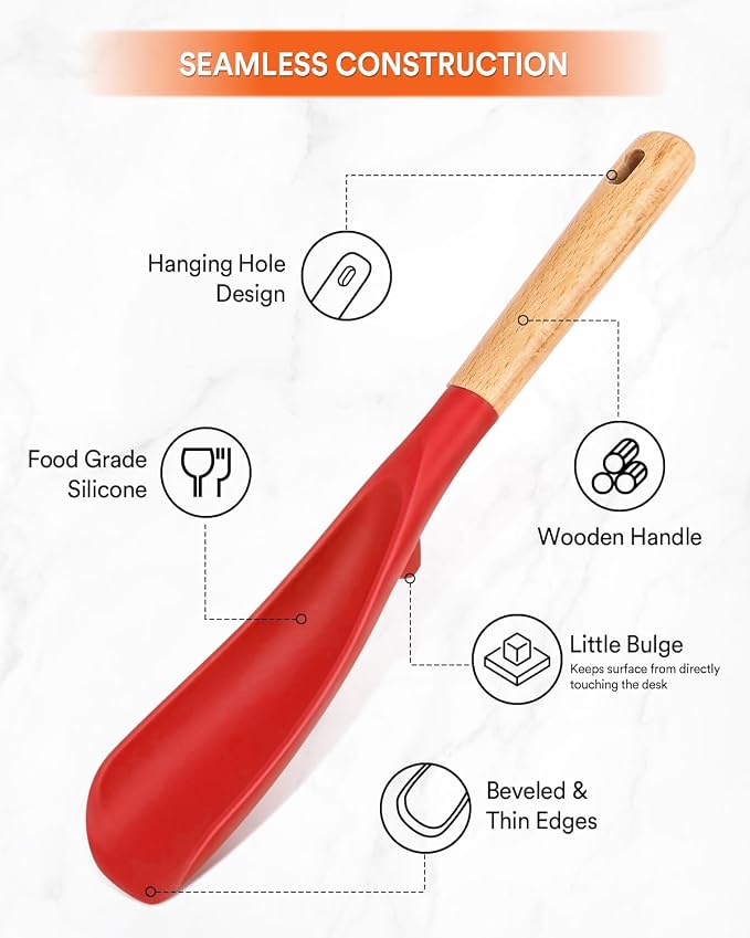 Cooking Spoon and Rice Scooper for Nonstick Cookware,Multi-function | Great for Cooking and Serving, Sturdy BPA-Free Matte Silicone, Wood Handle Spoon for Mixing, Scoop, and Scrape,9.3"+14.3"