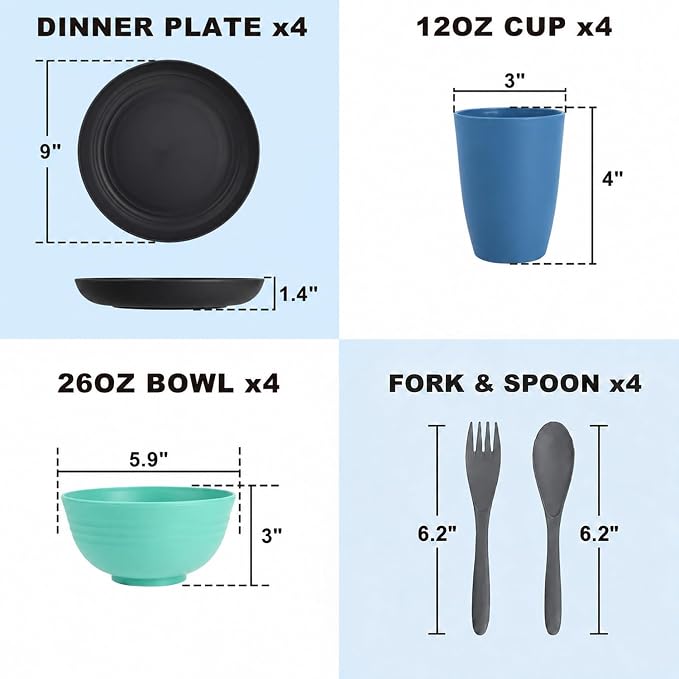 20PCS Plastic Dishes Set for 4, Unbreakable Wheat Straw Plates and Bowl Set | Lightweight Outdoor Dinnerware sets for RV, Camping, BBQ - Calm Tones