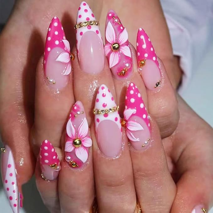 3D Pink Flower Press On Nails Long Stiletto Fake Nails Polka Dot French Tip Nails with Gold Pearl Designs Full Cover Glue On Nails Reusable Handmade Acrylic Stick on Nails for Women Manicure 24Pcs