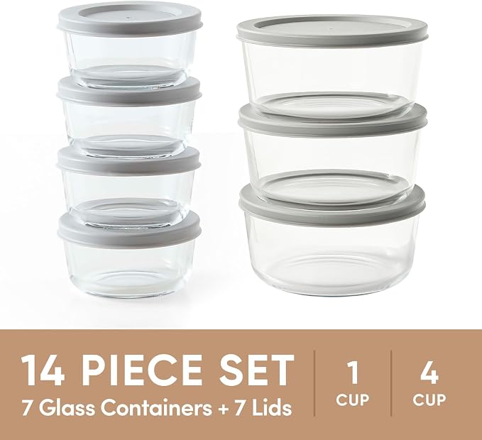 14-Piece Glass Food Storage Containers Set (7 Containers + 7 BPA-Free Lids) | 1-Cup & 4-Cup, Leakproof | Microwave, Freezer, Oven & Dishwasher Safe | Ideal for Meal Prep & Pantry Organization, Grey
