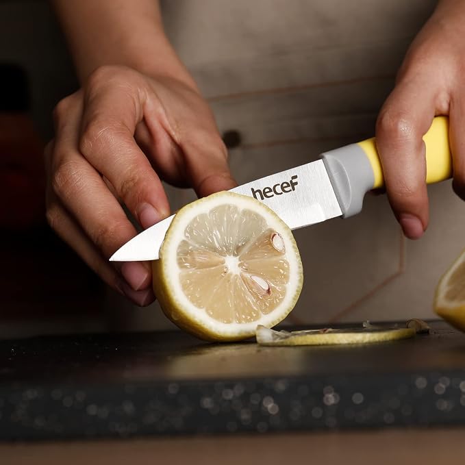 hecef Kitchen Knife Block Set, 14 Pieces, Yellow | Wooden Block, Sharpener Steel, All-purpose Scissors, High Carbon Stainless Steel