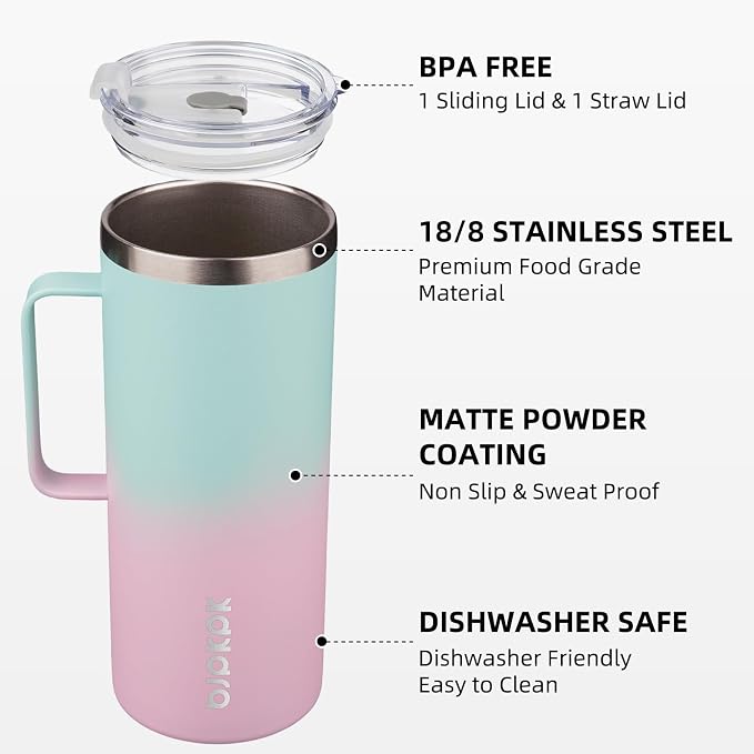 BJPKPK 32oz Insulated Coffee Mug with Handle, Stainless Steel Travel Mug | Keeps Drinks Hot & Cold, Double Wall Vacuum, 2 Lids Included, BPA-Free Coffee Tumbler for Home, Office & Travel