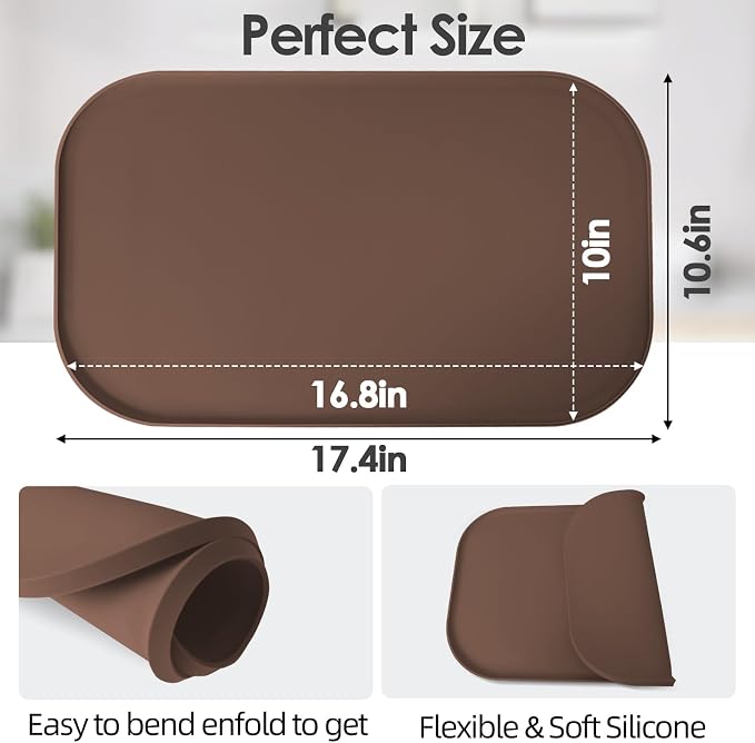 Silicone Coffee Maker Mat with Lip for Countertops, 17.4'' x 10.6'', Brown | Multi leak-proof coffee tray for countertop, non-slip silicone mat fits most coffee makers & espresso machines, wipe-clean