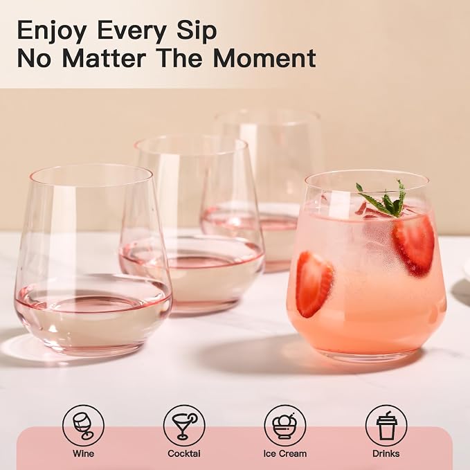 JOVGANK Pink Stemless Wine Glasses Set of 6 - Hand Blown White Red Stemless Wine Glass - 17 oz, [Lead-Free Crystal Glass] Large Short Glass Tumblers, Housewarming Gifts and Mother's Day Gift