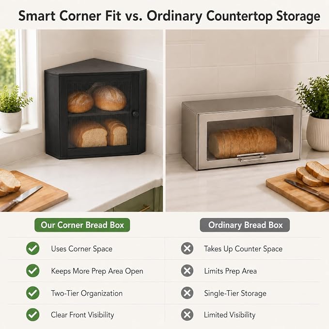 BAMBANG Corner Bread Box for Kitchen Countertop, Large Capacity Bamboo Wood Bread Storage Container, 2 Tier Farmhouse Breadbox with Fluted Acrylic Door for Bread, Homemade Bread and Snacks, Black