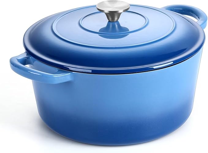 P&P CHEF 6QT Enameled Dutch Oven, Dutch Oven Pot for Bread Baking, Blue | 6 Quart Enameled Cast Iron Casserole Pot with Lid, for Roasting Braising Stewing Frying Simmering, Work on Various Stoves