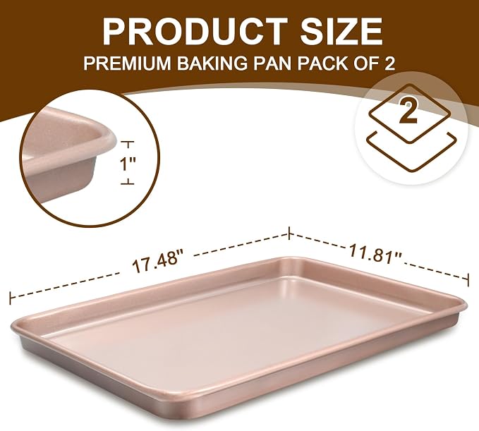 Wildone Baking Sheet Pan Set of 2, Nonstick Cookie Sheets for Baking | Thicker Carbon Steel Half Sheet Pan Oven Tray 17.5x12 Inch, Heavy Duty & Easy Clean, Rose Gold