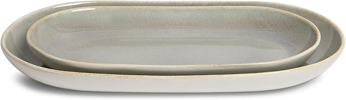 SANGO Resona Moss Serving Platters Set of 2, 14/12 Inch Stoneware Serving Dishes for Entertaining, Glossy Party Serving Trays with Reactive Glaze, Buffet Oval Platters for Bread, Appetizer, Cheese