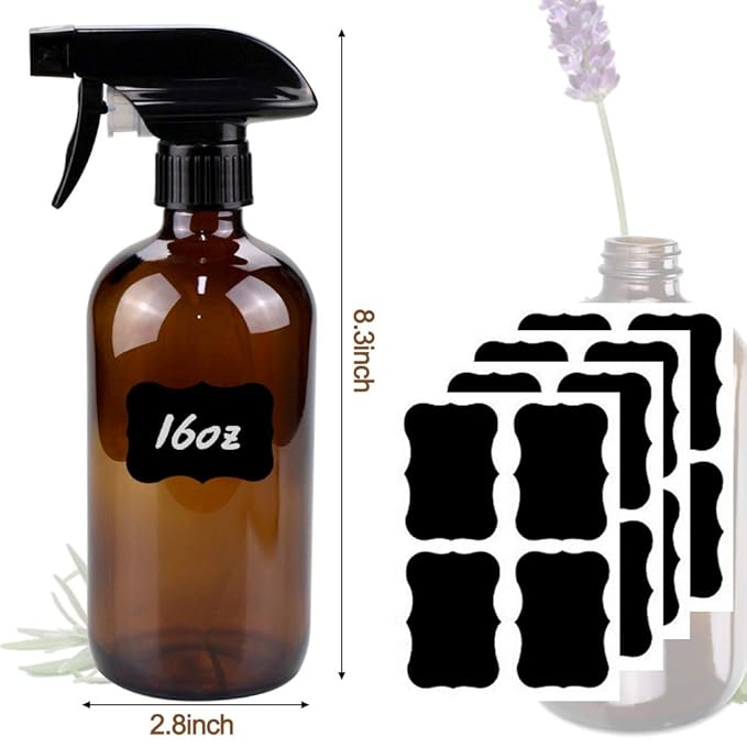 Bontip Glass Spray Bottle 16 oz for Cleaning, Plants (2 Pack, Amber) | Refillable amber spray bottle Set, BPA-free eco glass, With labels and funnel, Great for cleaners, plant misting, hair care