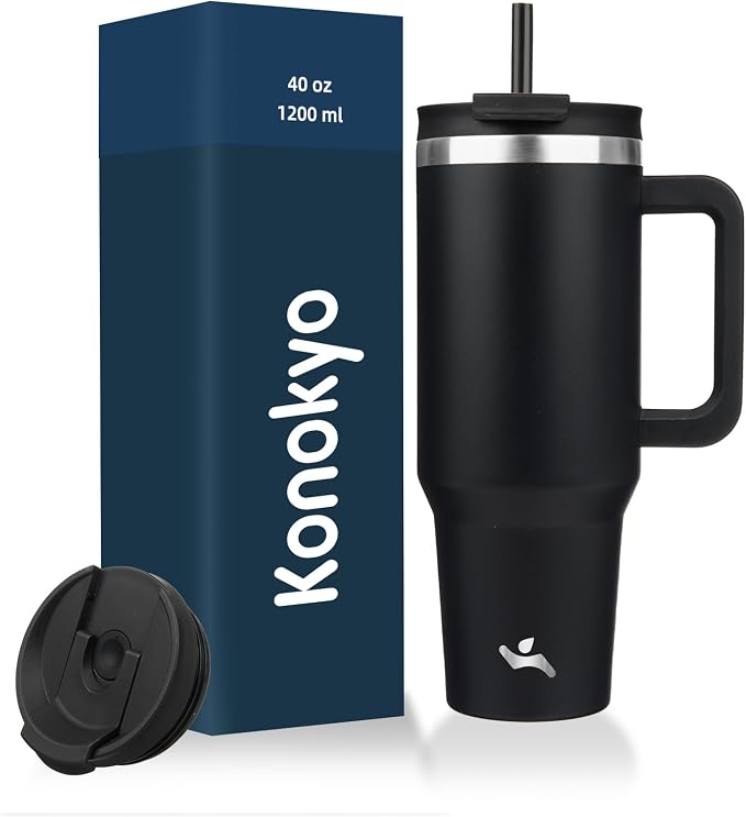 Konokyo 40 oz Insulated Tumbler Water Bottle with Handle, Straw Lid | BPA-free and dishwasher safe; made for gym, travel, coffee and gifting, 2 straws, cup holder friendly,Black