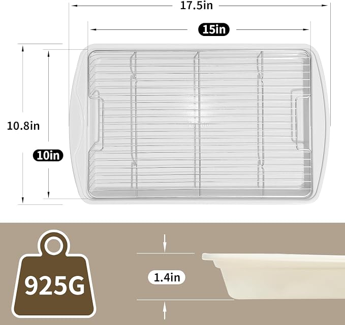 Nonstick Crisp Baking Tray With Wire Rack, Ceramic Coating Jelly Roll 15x10 Cookie Sheet Pan, Non-Toxic, PTFE & PFOA Free, Oven Safe 550°F, Dishwasher Safe, Aluminized Steel, Sunshine Cream