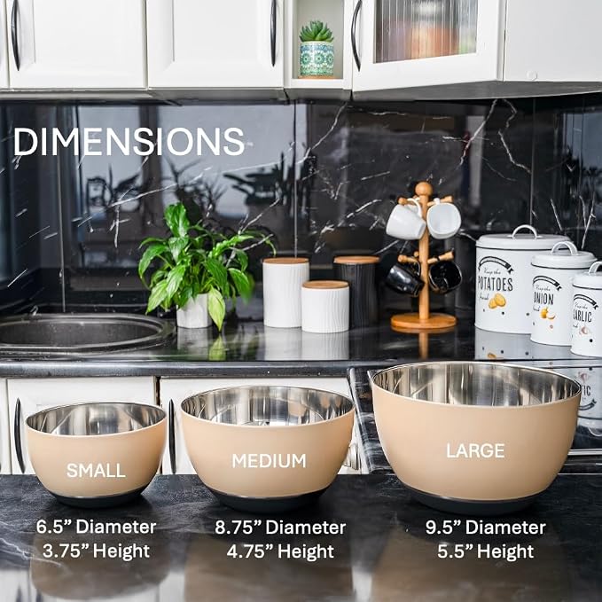 Stainless Steel Mixing Bowls Set, 3-Piece with Silicone Base | 1.5, 3 & 5 Qt Metal Bowls for Meal Prep, Baking, Cooking, Serving & Food Storage, Non-Slip Base, Dishwasher Safe, Tan