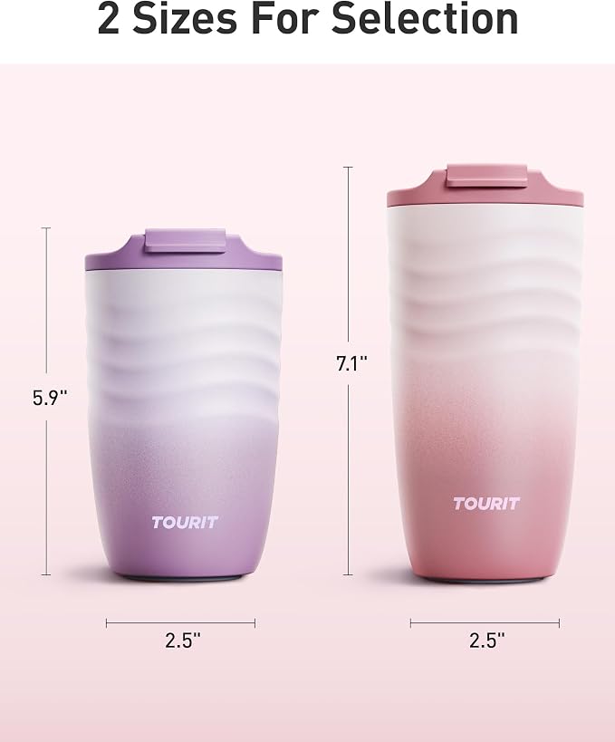TOURIT 16 oz Insulated Travel Coffee Mug Stainless Steel Tumbler, Pink | Vacuum insulated travel mug with ripple-wave anti-slip grip, leakproof lid & silicone bottom, fits standard car cup holders