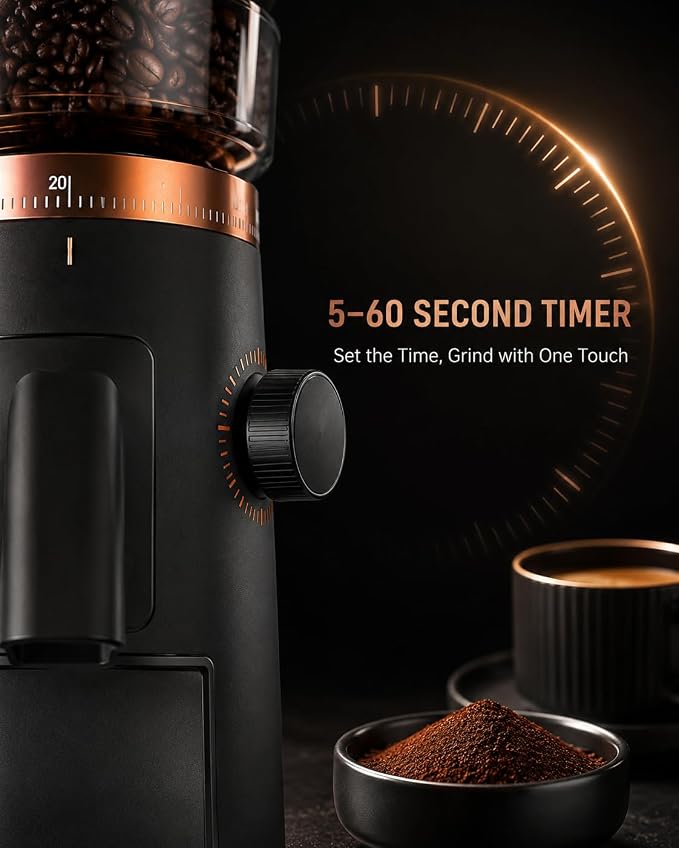 AMZCHEF Single Dose Burr Grinder, 75 Settings, Quiet DC Motor, Anti-Static | 40mm Burr, <0.2g Retention, 5-60s Timer, Magnetic Outlet, Vacuum Storage Cup, LED Light, Espresso, Pour-Over & French Press
