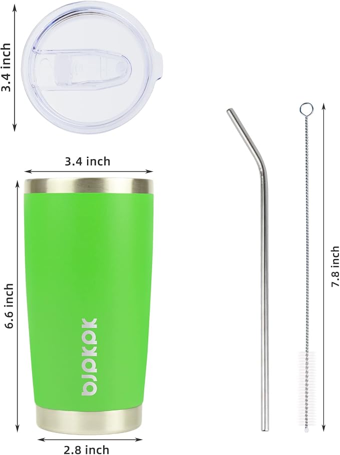 BJPKPK 20 oz Coffee Tumbler with Lid, Straw, Insulated Stainless Steel Mug | Double Wall Vacuum, Keeps Hot/Cold, BPA Free, Leak Proof, Iced Coffee Cup Fit Car Holder, Travel & Beach Ready, Green