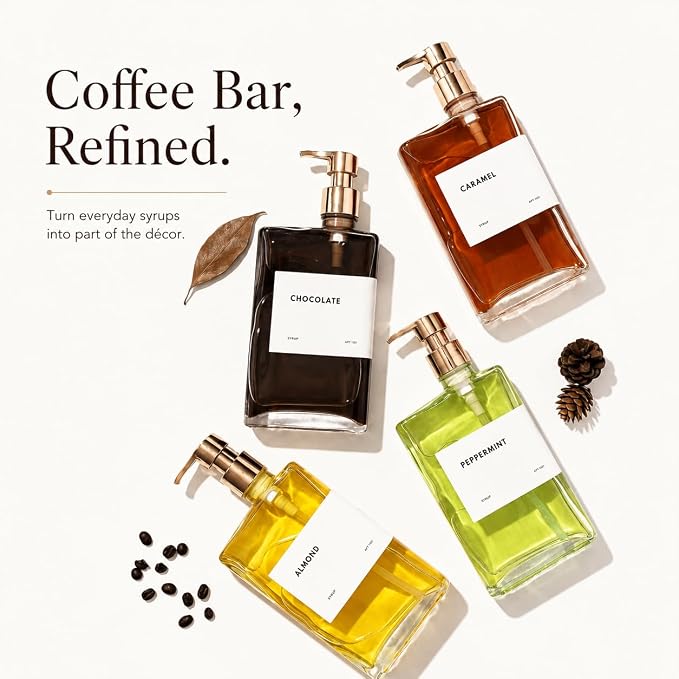 Glass Coffee Syrup Dispensers with Pumps, Syrup Bottles with Label Set - Essential Coffee Bar Accessories, 11.8 oz/350ml, Set of 4