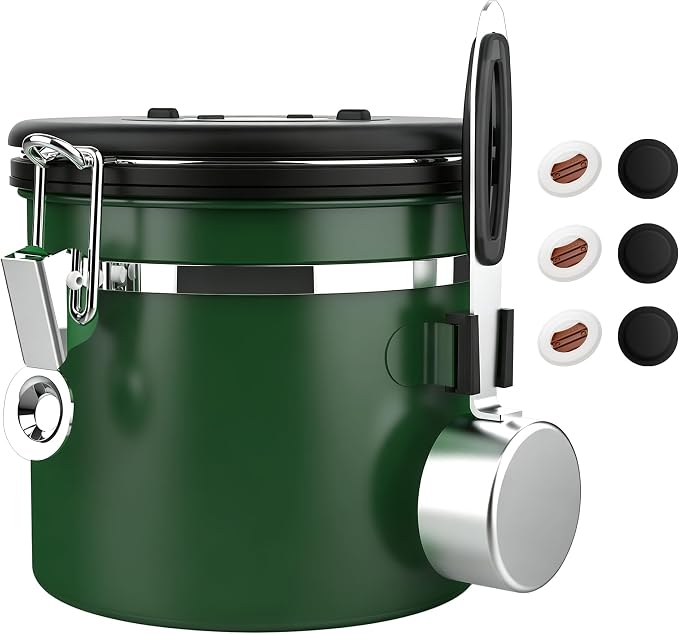ShanSon Coffee Canister Airtight, Stainless Steel Bean Storage Container with Date Tracker & Scoop, Grounds Sugar Flour Tea Cereal Fits Kitchen Pantry, Ideal Gift for Coffee Lovers,12oz, Dark Green