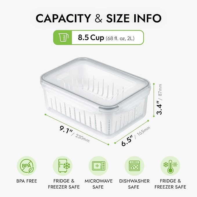 8.5 Cup Produce Saver Container for Fridge with Colander - 2.0L | Airtight Fruit & Vegetable Storage Bin, Removable Strainer Basket, BPA-Free, Stackable, White Colander
