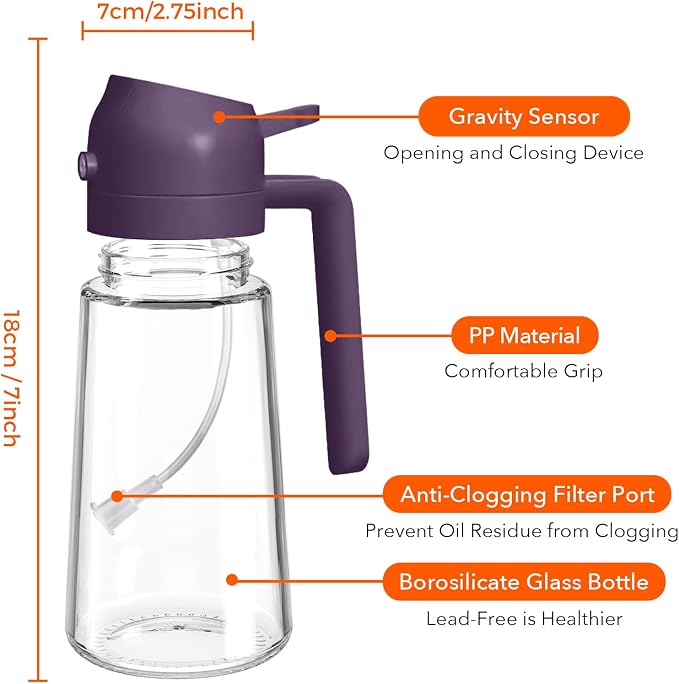 YARRAMATE 16 oz 2-in-1 Glass Olive Oil Sprayer for Cooking, Purple | Food-grade dispenser bottle, 470 ml, spray and pour, portion control, stickers included, for salad, frying and BBQ