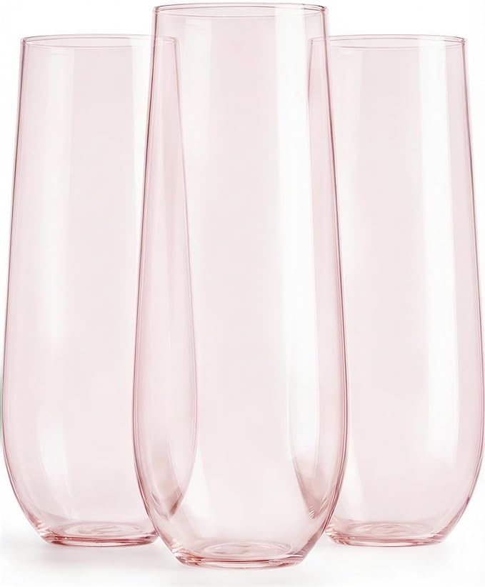 24 Pack Plastic Champagne Flutes, 9 Oz Disposable Wine Mimosa Glasses | Stemless Champagne Flutes Cocktail Glasses, Plastic Party Cups for Bridal Shower Bachelorette Party (Pink)