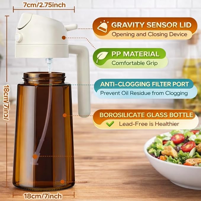 Oil Sprayer for Cooking, 2 in 1 Olive Oil Dispenser, Bottle for Kitchen, 16oz/470ml Premium Dark Green Glass Oil Bottle, Oil Sprayer for Air Fryer, Salad, Frying, BBQ. (Black) (Brown)