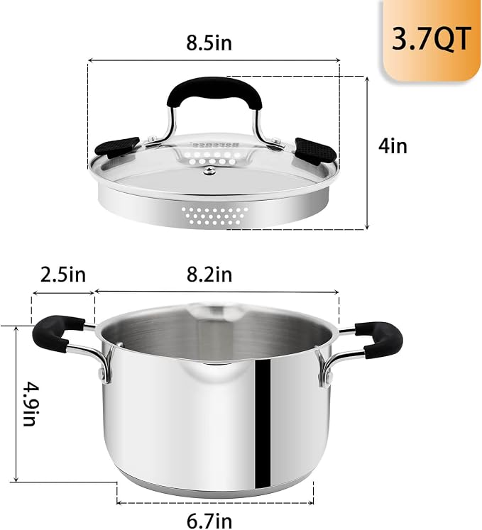Rorence 3.7 Quart Stainless Steel Stock Pot with Lid, Pasta Pot for Cooking | Stockpot with Pour Spout & Silicone Handles & Glass Lid with Strainer