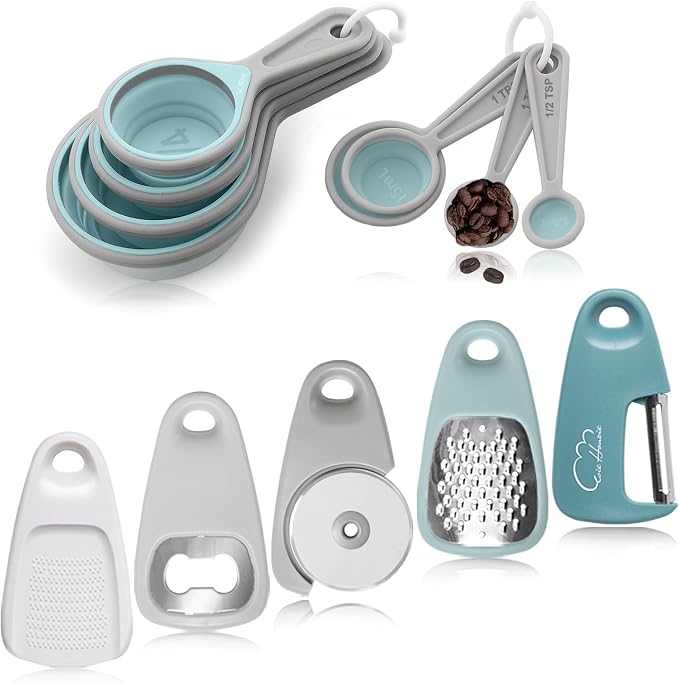 Kitchen Gadgets Set 13 Piece, Essentials for Kitchen RV Camper, Blue | Space Saving Cooking Tools, Includes Cheese Grater, Pizza Cutter, Peeler, Bottle Opener, Garlic Grinder