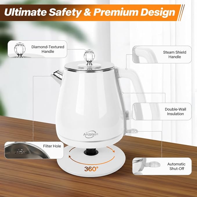Electric Kettle 1.8L, Pearl White | Retro, 1350W Fast Boil, Stainless Steel Interior, BPA Free, Automatic Shut Off