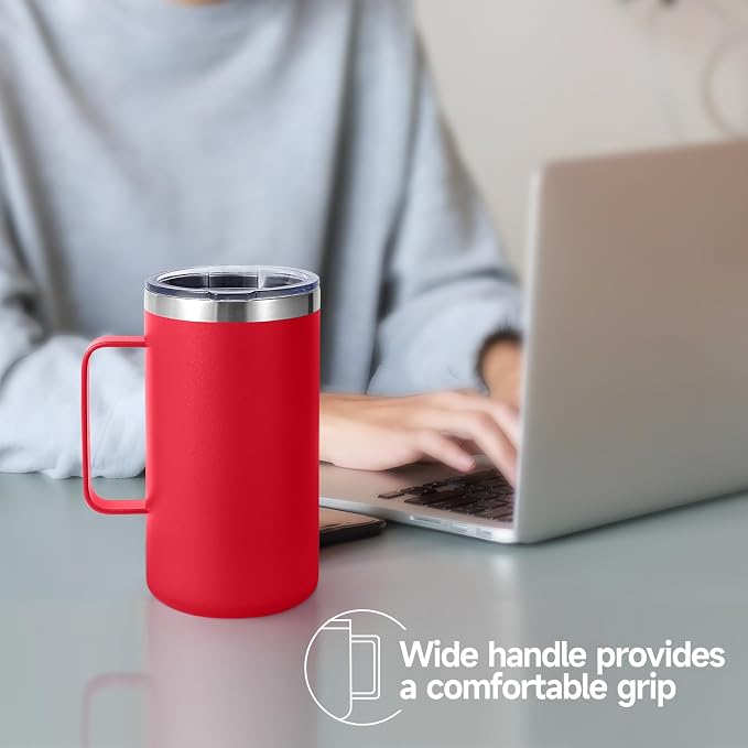 Volhoply 22oz Insulated Stainless Steel Coffee Mugs with Leakproof Lid Bulk 2 Pack,Double Wall Vacuum Travel Coffee Cup with Handle,Reusable Metal Tumbler,Camping Mug Keep Hot&Cold(Mix,2)