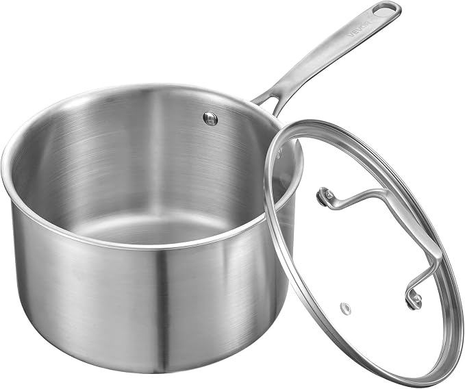 VEVOR 4 QT Saucepan, Stainless Steel Saucepan with Glass Lid, Multipurpose Nonstick Stainless Steel Small Cooking Sauce Pot with Ergonomic Handle, Friendly for Oven, Dishwasher, Induction Cooker