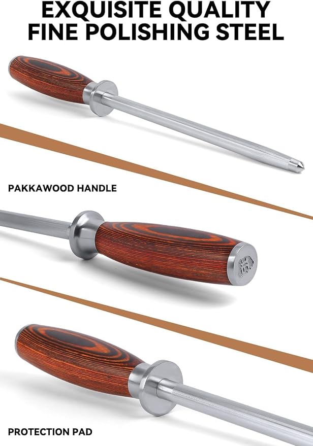 TUO Honing Rod, Sharpening Steel with Larger Diameter for Kitchen Knife Daily Honing Maintenance, High Carbon Steel 8" Knife Sharpener Rod, Ergonomic Handle