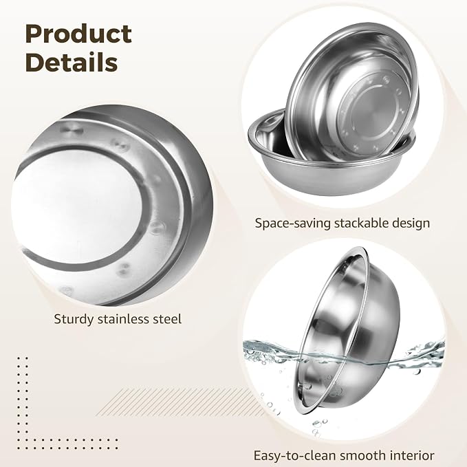 4 Pcs Stainless Steel Mixing Bowls, Extra Large Metal Mixing Bowls | 13 x 3.5 in Capacity Deepened Thickened Basin Salad Bowl, Dishwasher Safe, Mirror Finish for Home and Commercial