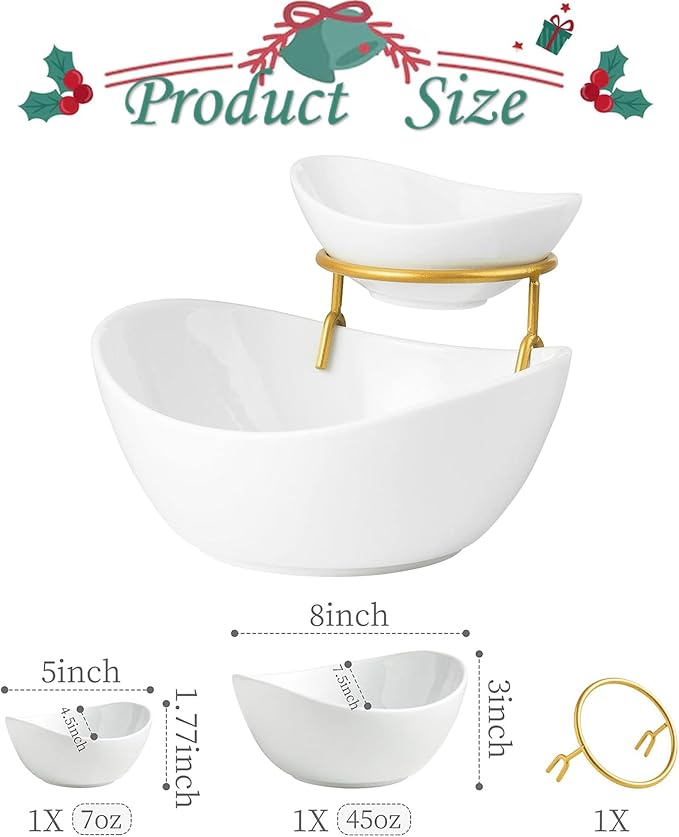 Miamolo 2 Tier Serving Bowl Set and Removable Rack for Chip and Dip | Ceramic Serving Dishes Set with 2 Compartment, for Snacks, Appetizer, Salad, Fruit | Microwave & Dishwasher Safe, Gold Stand