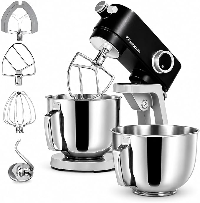 Stand Mixer Powerful DC Motor with Dual Bowl 5.3 QT, Heavy Duty Dough Mixer with 4 Stainless Steel Attachments, Multifuncational Powerhub & 8 Speed Control & Timer
