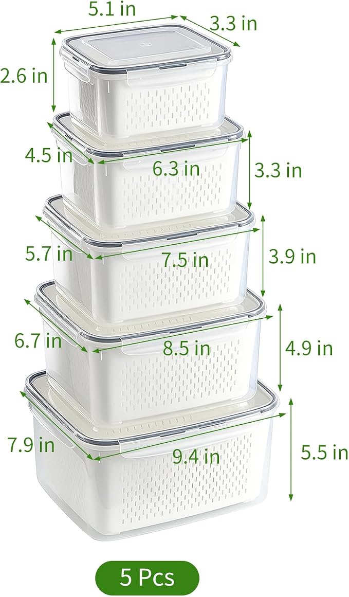 5 Pack Fruit Storage Containers for Fridge, Leakproof Plastic Bins with Removable Drain Colander, Stackable Produce Saver for Fresh Berry Lettuce Vegetable and Meat Storage