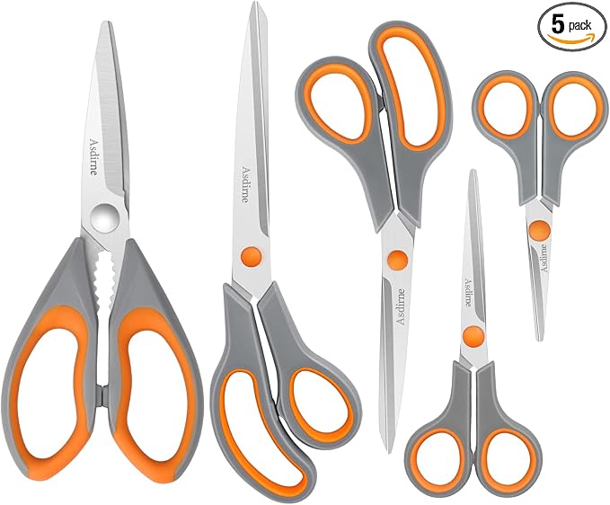 Asdirne Kitchen Scissors Set, Knife-Grade Stainless Steel, TPR Comfortable Handle All Purpose Scissors, Include One Poultry Shears and Four Different Sizes of Cooking Scissors, Perfect Kitchen Partner