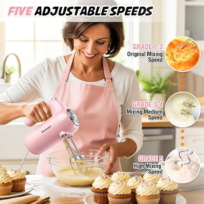 Hand Mixer, 5-Speed Electric Whisk with Turbo Boost Includes 6 Stainless Steel Attachments - Great Stand Mixer Alternative for Baking Cakes, Bread & More
