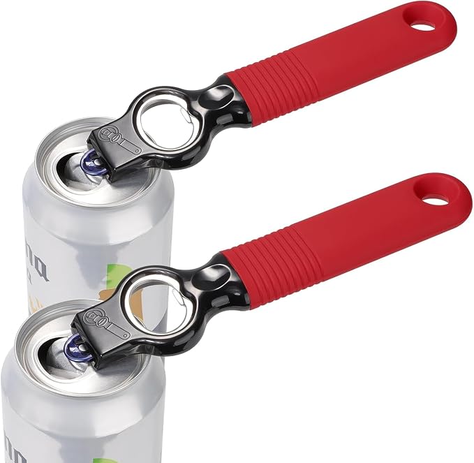 2-in-1 Soda Can Tab & Beer Bottle Opener, Red, 2-Pack | Easy pull tab opener with soft silicone handle protects nails & arthritic hands. Great for bars, picnics, and outdoor events