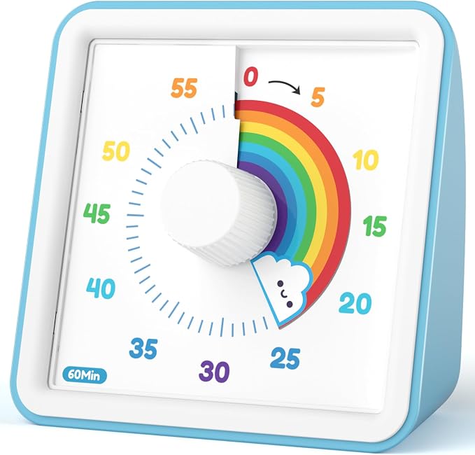 LIORQUE Visual Timer for Kids, 60 Minute Rainbow Countdown Timer, Blue | Non-Ticking, 3 Volume Levels with Mute Function, Timer for Kitchen Cooking Classroom ADHD, 2 AAA Batteries Included