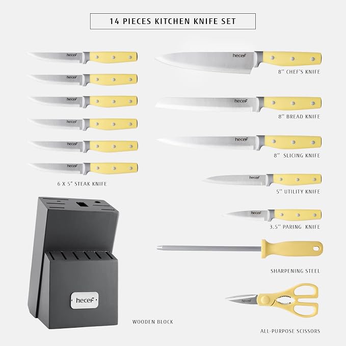hecef Kitchen Knife Block Set, 14 Pieces, Yellow | Wooden Block, Sharpener Steel, All-purpose Scissors, High Carbon Stainless Steel