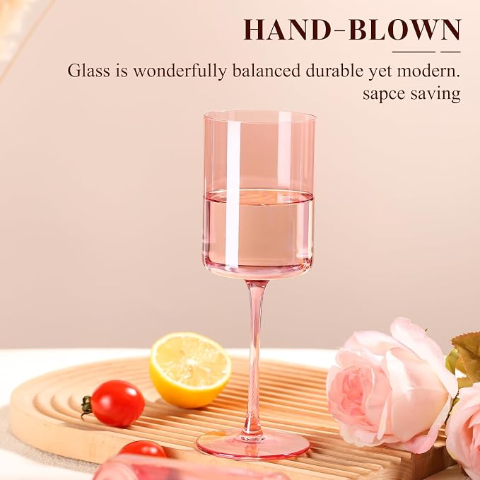 Pink Wine Glasses - Hand Blown Square Colored Wine Glasses with Long Stems, Set of 6 - 14oz Each, Ideal for All Occasions