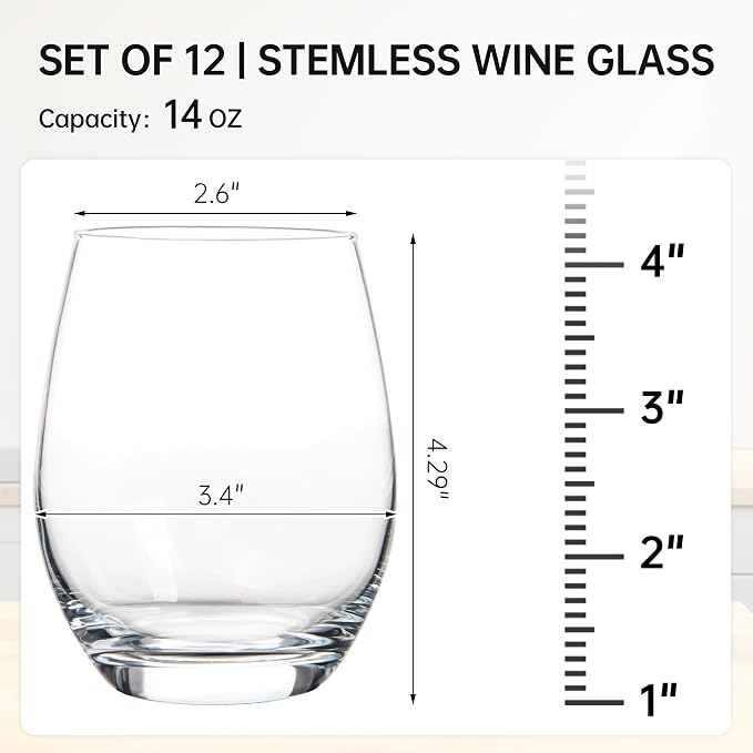 UMI UMIZILI Stemless Wine Glass Set of 12, 14OZ Wine GLass for White Red Wine, Classic Shape Wine Glass with Smooth Rim, Crystal Clear