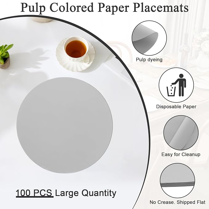 SHACOS 100 pcs Round Paper Placemats Disposable 13 inch Colored Paper Place Mats Charger for Wedding Birthday Party Bridal Baby Shower Events Table Decoration, Light Gray