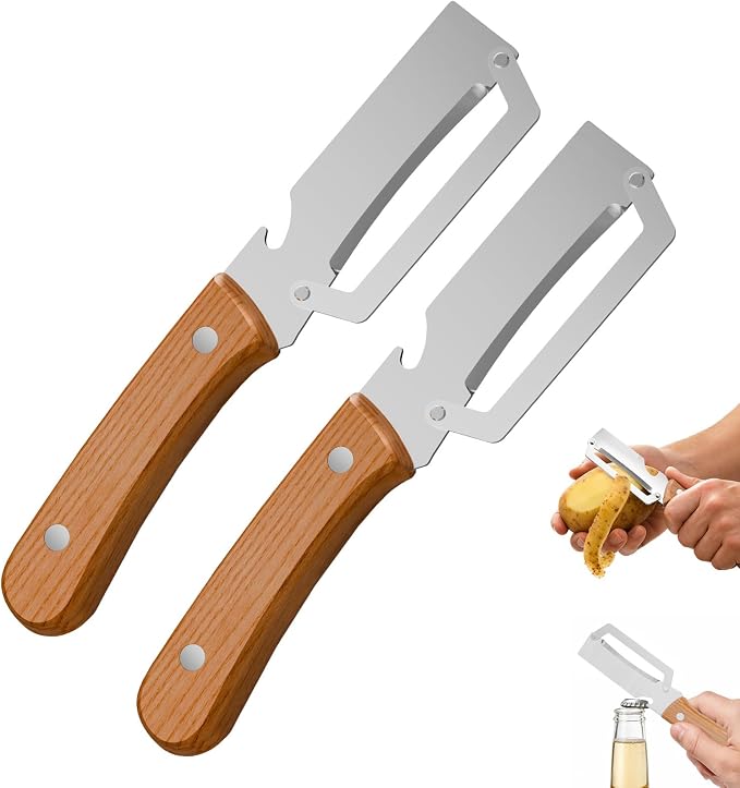 2 Packs Multi-Functional Vegetable Peeler for Kitchen with Wooden Handle and Bottle Opener, Ultra-Sharp Stainless Steel Blade Kitchen Tool for Veggie, Fruit, Potato, Carrot, Apple, Pumpkin, Papaya